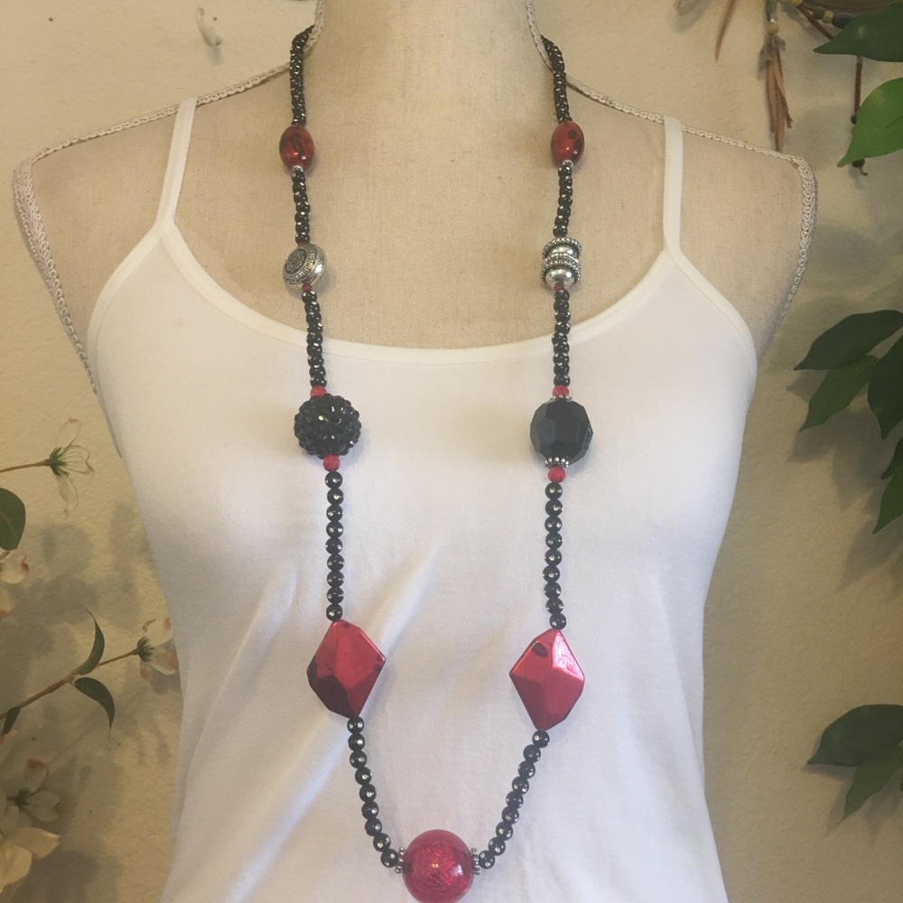 Red black and silver beaded long necklace